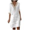 Ladies Lace Stitching V Neck Embroidered Exquisite Embroidered Lace Short Sleeve Cotton Linen Dress Summer Linen  Dress