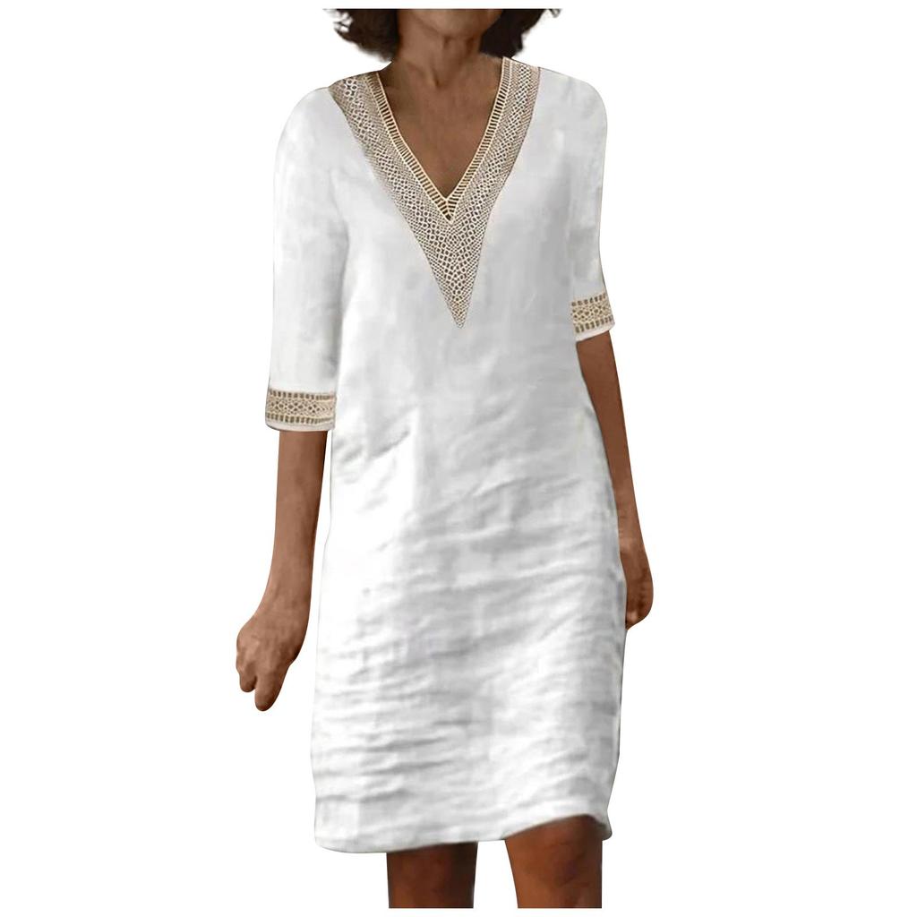 Ladies Lace Stitching V Neck Embroidered Exquisite Embroidered Lace Short Sleeve Cotton Linen Dress Summer Linen  Dress