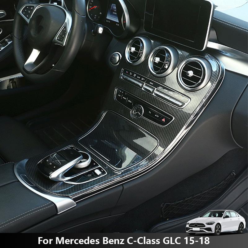 2Pcs for Mercedes Benz C GLC 15-18 Car Center Console Gear Shift Panel Cover Trim Carbon Fiber Pattern