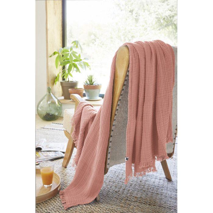 Plaid à franges "Gaïa" toutes dimensions "Gaze de Coton" - 180x220 - Gaïa Rose Pêche
