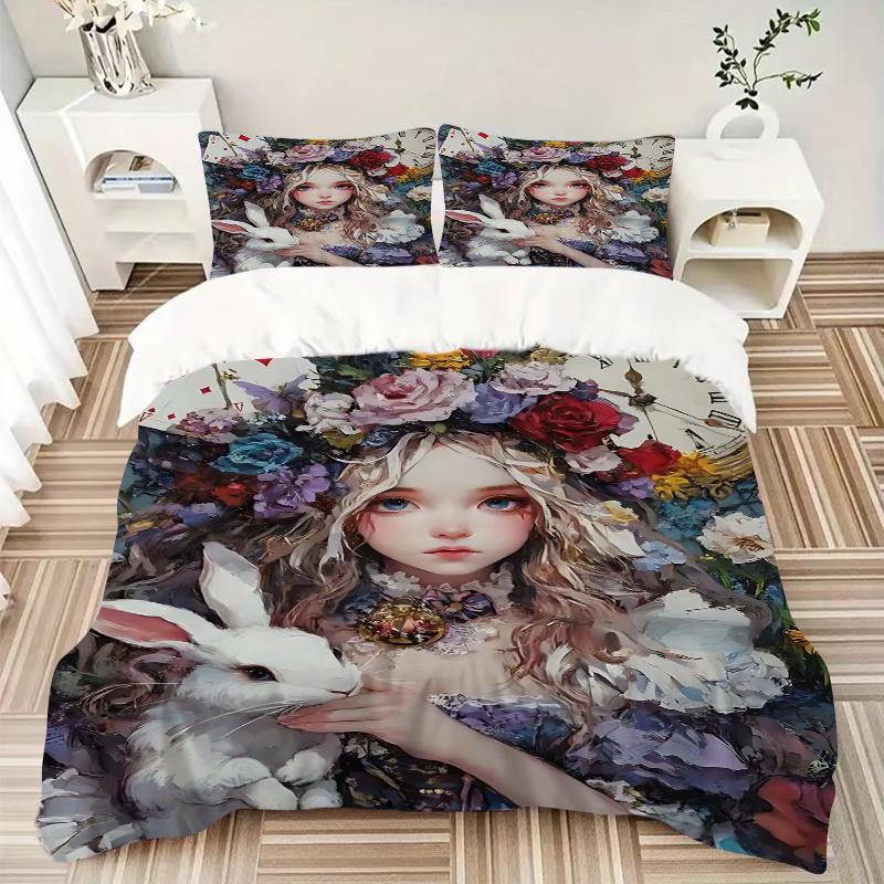 3pcs Alice in Wonderland Bedding Set, Includes Quilt Cover and Pillowcases, Suitable for All Seasons