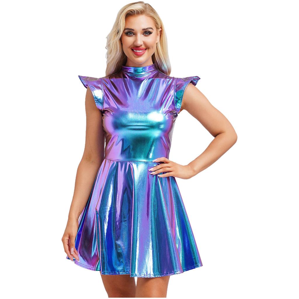 Women's Halloween Party Dress - Shiny Metallic A-line with Mock Neck & Cap Sleeves Fashion Bar Club Wear