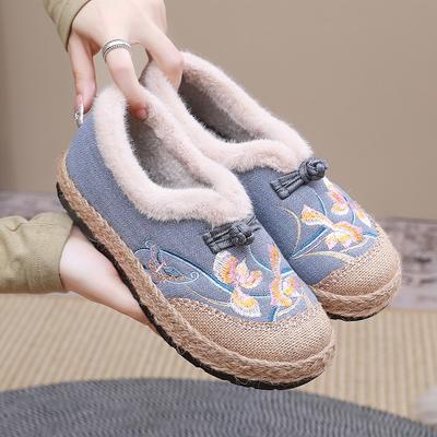 Зимние женские хлопковые туфли старого Пекина, вышитые и бархатные теплые туфли в стиле ретро на одном ходу, хлопковые туфли Doudou для среднего и пожилого возраста на заказ