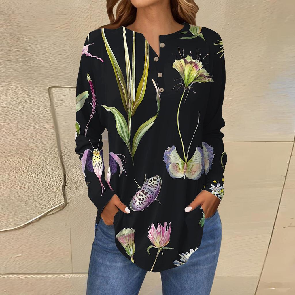 Модная свободная футболка с длинным рукавом и цветочным принтом на пуговицах, топ-пуловер
