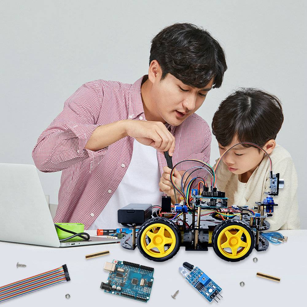 Автомобильные комплекты умных роботов 4WD для Arduino UNO R3 с ультразвуковым датчиком, обновленный сервопривод SG90 V2.0, комплект электронного программирования «сделай сам»