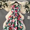 Summer Fashion Flower Vest Midi Dress Women's Sleeveless O-Neck Tank Floral Print Slim A Line Ball GownWomen Dresses