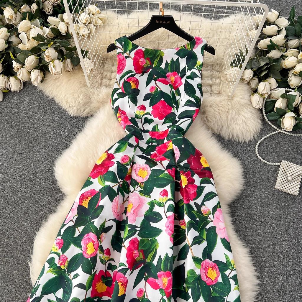 Summer Fashion Flower Vest Midi Dress Women's Sleeveless O-Neck Tank Floral Print Slim A Line Ball GownWomen Dresses