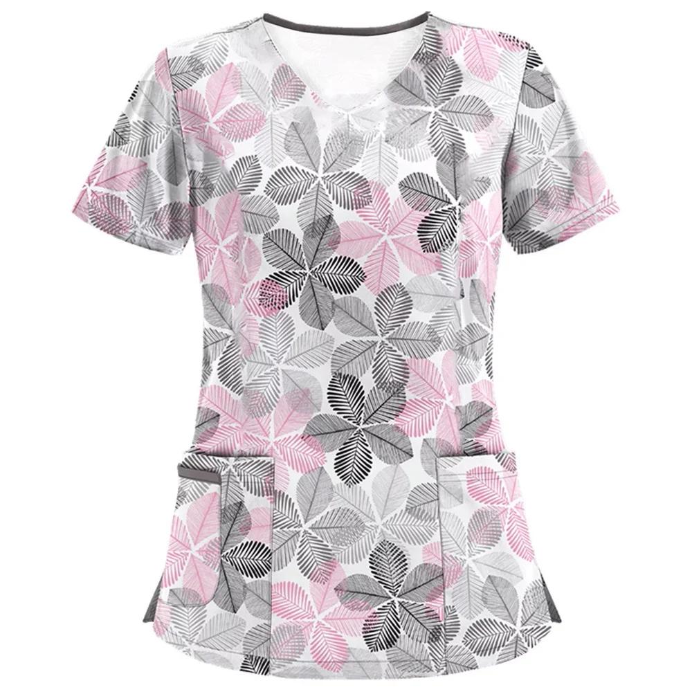 Floral Nursing Scrubs Tops Women Working Uniform Blouse Short Sleeve V-neck Uniform Blusas Nursing Clothes Nurses Tunic Uniform