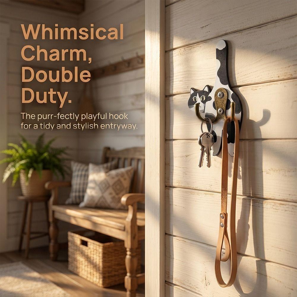Wall Mounted Cat Butt Tail Key Rack Wooden Key Hanger Cat Shaped Wall Hook  Bathroom