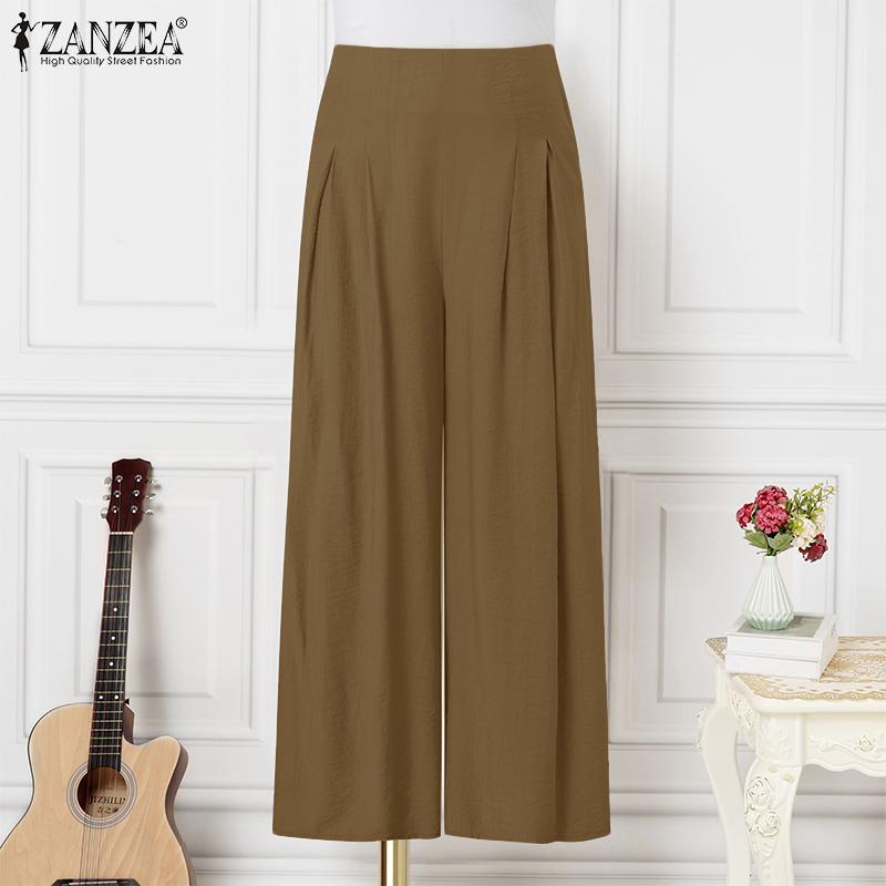 ZANZEA Женские летние брюки с высокой талией и молнией, однотонные, широкие брюки