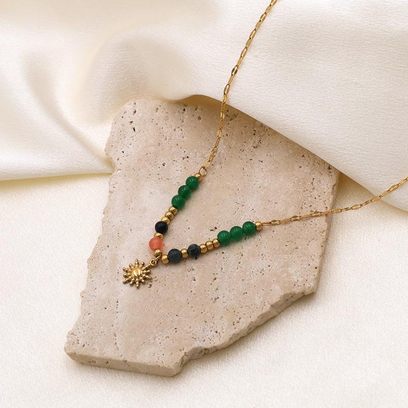 Модное ожерелье с подвеской из натурального камня Французский ретро-стиль 18K золото Нержавеющая сталь Подвеска-солнце Женское
