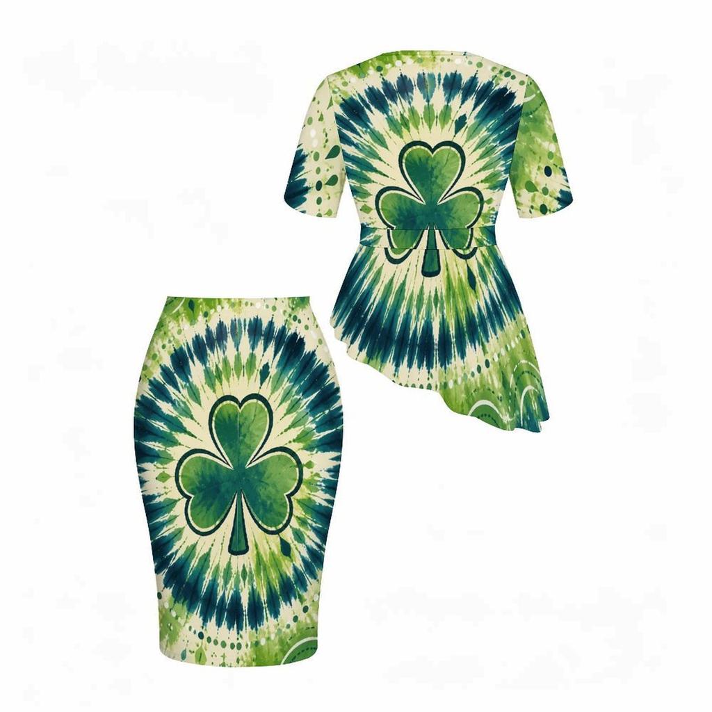 Women Plus Size Dark Green Shamrock Printed Round Neck Short Sleeve Asymmetric Top And Fitted Skirt Two Piece Set