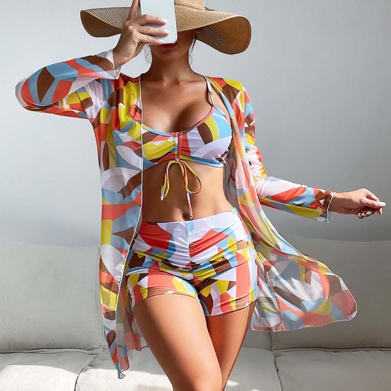 Swimsuit Women's Split Three Piece Set High Waist Long Sleeve Ins Overshirt Drawstring Printed Bikini Suits