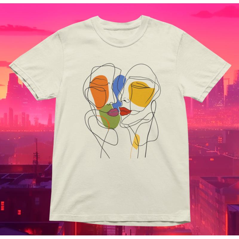 One Line Kiss Art T Shirt Abstract Couple Face Drawing Colourful Minimalist