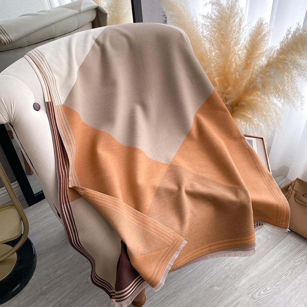 Winter Geometric Splicing Letters Versatile Simple Neck Protection Warm Scarves High Temperament Women Two-Sided Jacquard Shawl