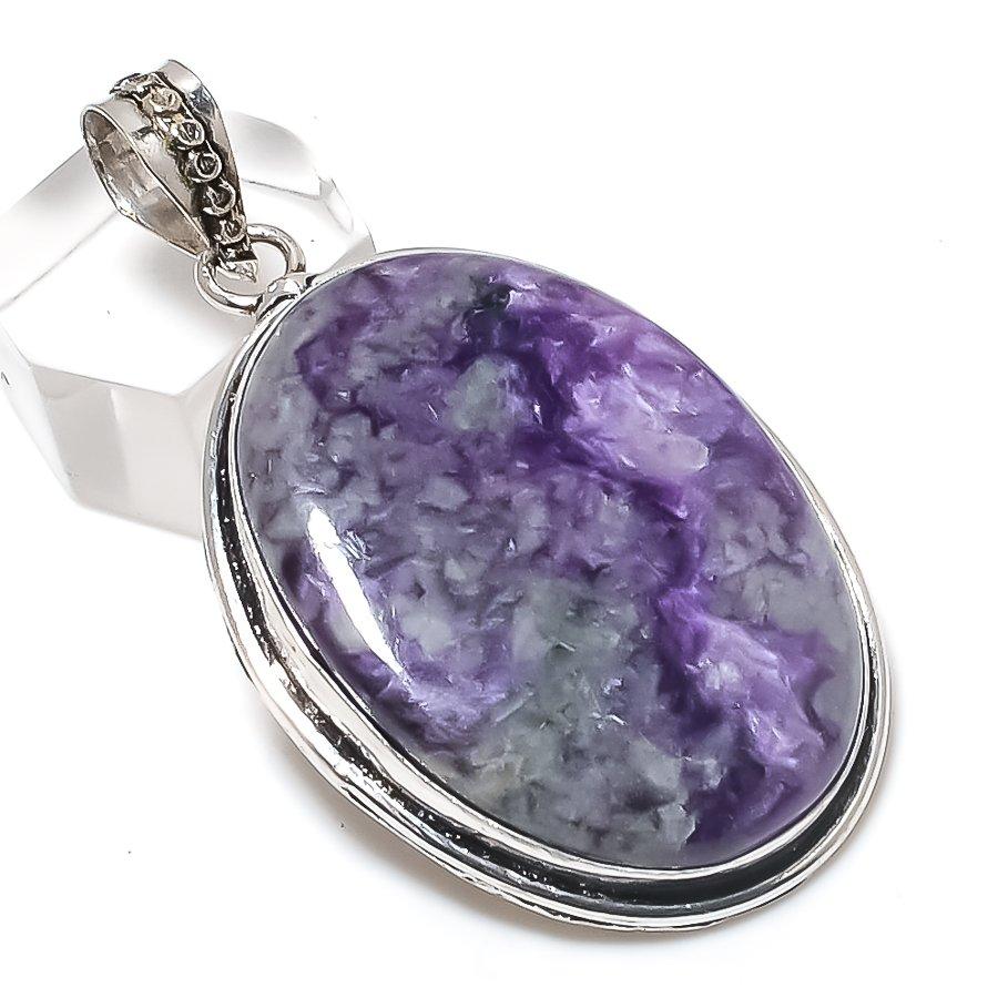 Natural Russian Charoite Gemstone 925 Sterling Silver Jewelry Pendant 2.21" Q3v28