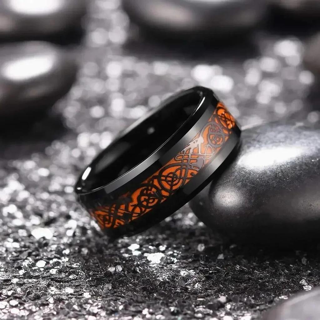 Fashion 8mm Men Stainless Steel Celtic Dragon Rings Inlay Orange Carbon Fiber Rings For Men Women Wedding Band Jewelry