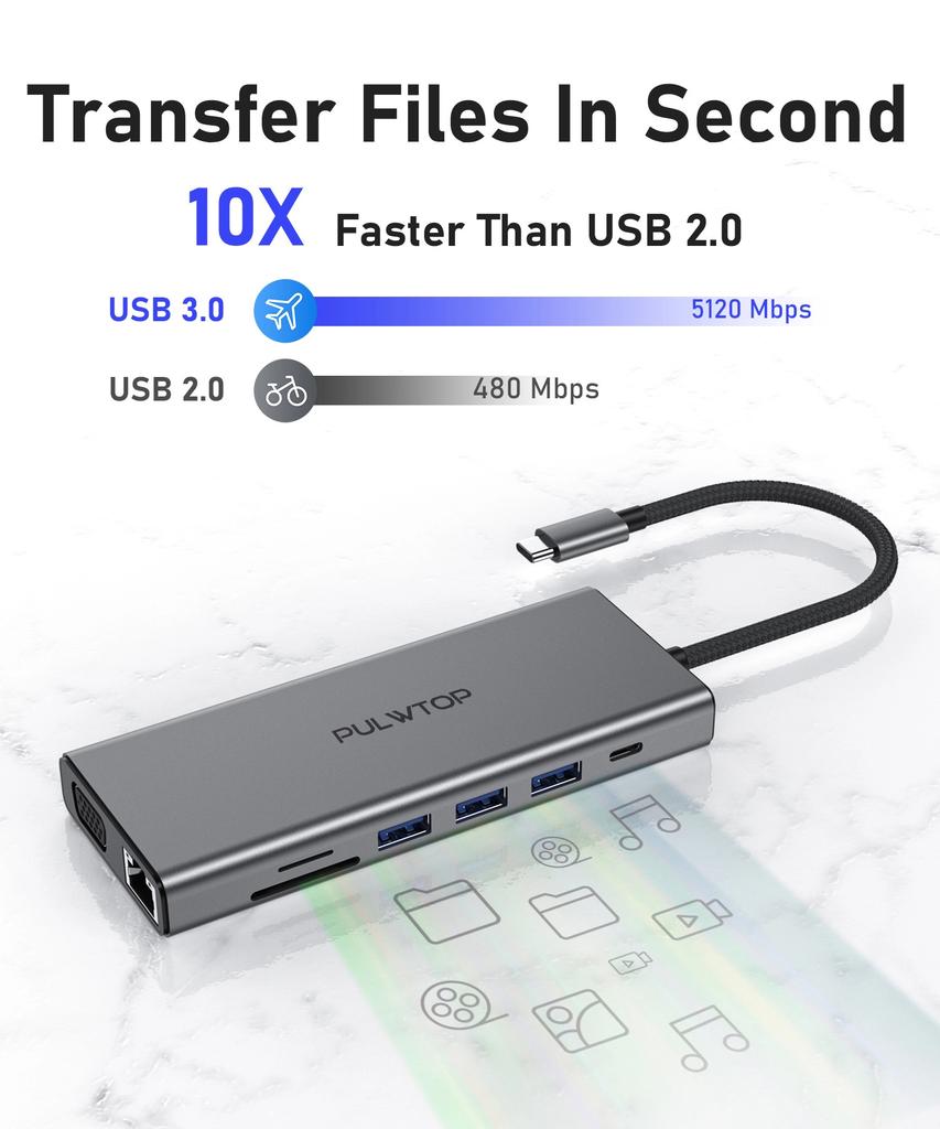PULWTOP 4k Hd.mi VGA Pd100w Usb c Docking Station Dual Monitor RJ45 Usbc Hubs Phone Docking Ethernet c 11/12 in 1 Usb Type c Hub