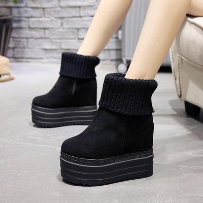 Женские полусапоги до середины икры Зимние вязаные из шерсти на скрытом каблуке Женские теплые зимние ботинки Модные туфли на платформе с толстой подошвой Женские ботинки