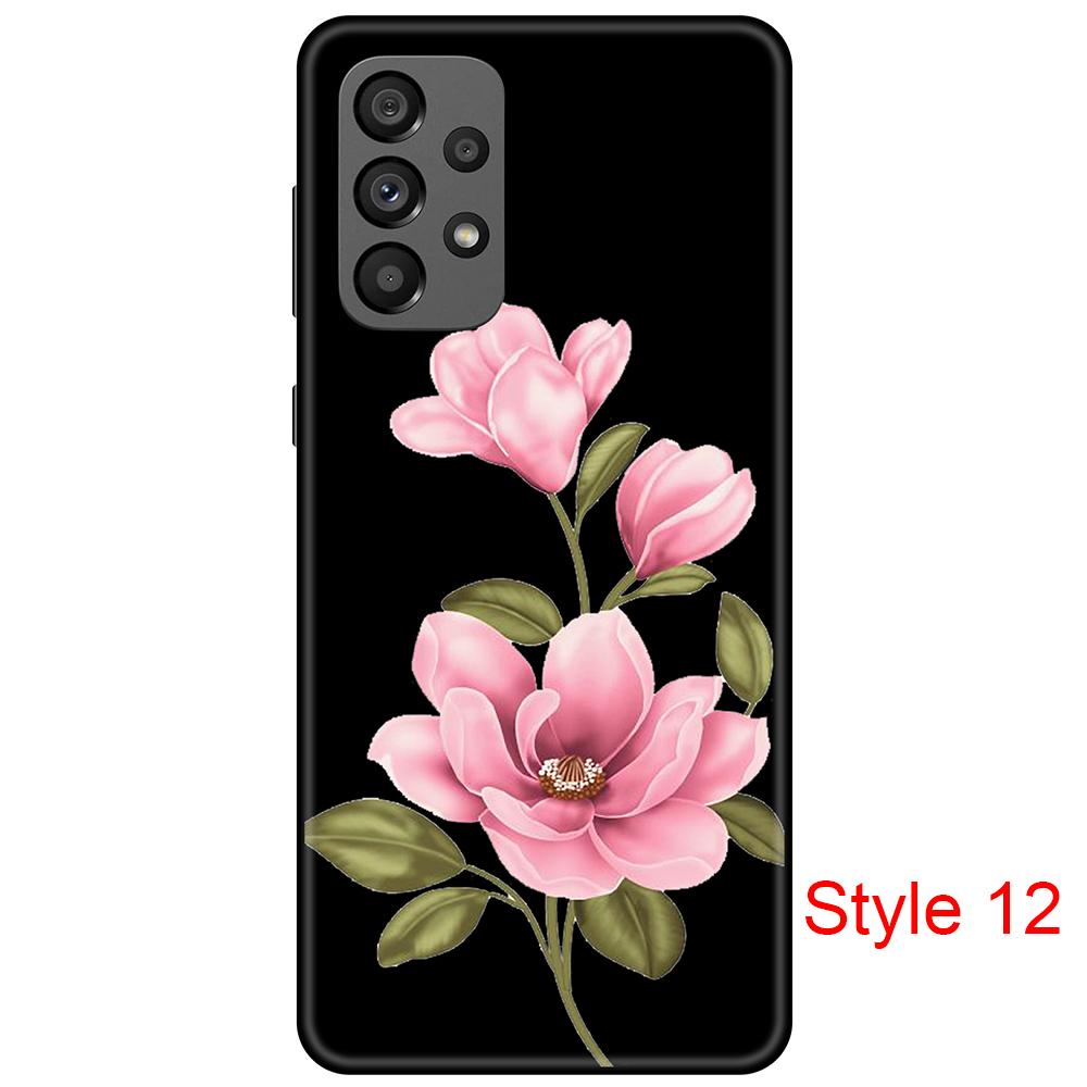 Модный черный мягкий чехол, совместимый с Samsung Galaxy A73, гибкий противоударный бампер из ТПУ с розовым цветком, черный чехол для Galaxy A73