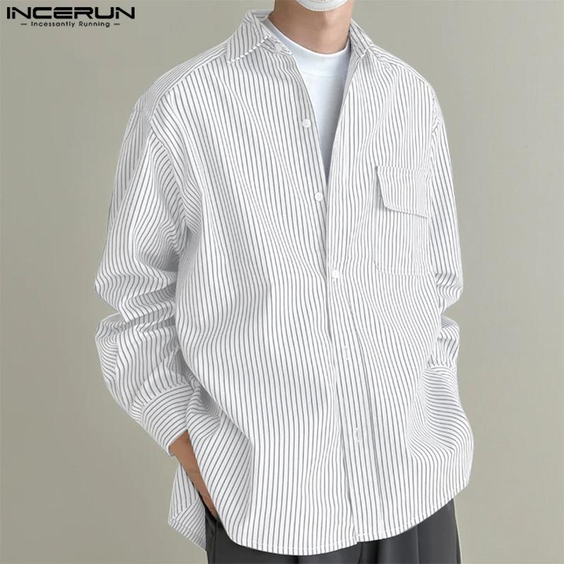 INCERUN Spring Summer Men Lapel Long Sleeve Striped Print Shirts Oversized Tops