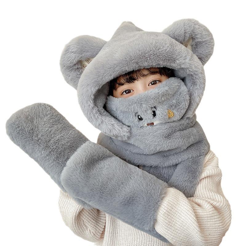 Осенне-зимняя шапка-медведь, женский комплект из четырех предметов: шарф и перчатки, милая теплая шапка, детская плюшевая шапка, защищающая от холода и ветра
