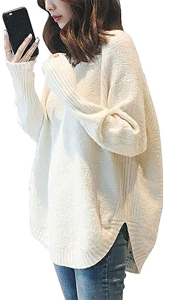Knit Ribbed Simple Office Fluffy Holiday Simple Room Wear Fluffy Oversized Knit White White White [Second Roots] V-neck Top, Pullover, Hem, Round,