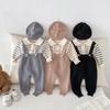 Children's Fall/Winter Lapel Striped Cardigan & Waffle Knit Overalls Set