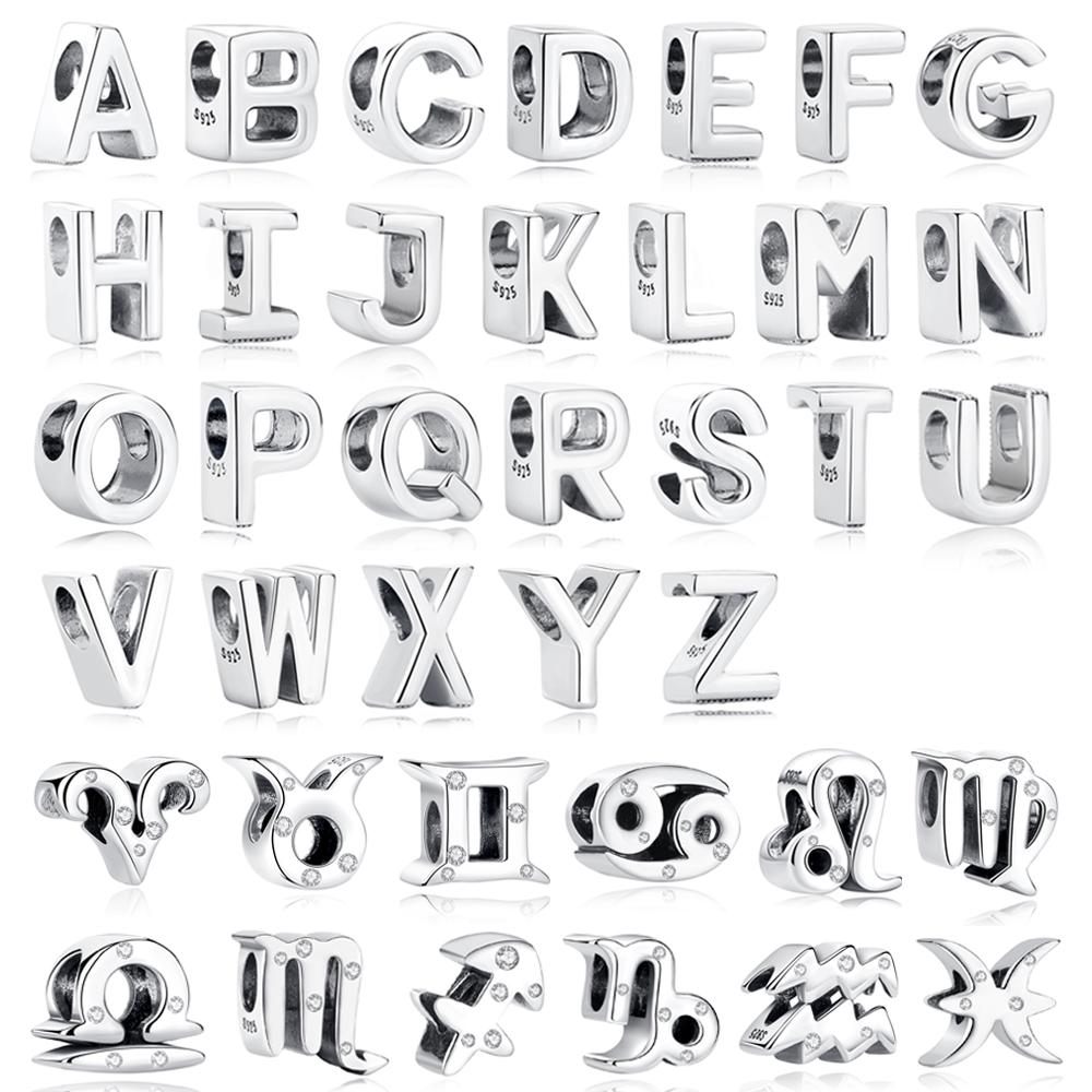 Original 925 Silver Charms Beads 12 Zodiac A-Z Letters Virgo Aries Fit Pan Bracelets Necklaces Jewelry For Women