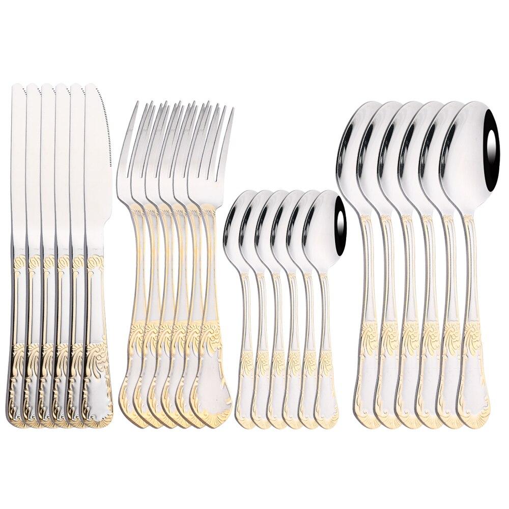 24Pcs Gold Flower Pattern Cutlery Set 18/10 Stainless Steel Tableware Set Knife Fork Tea Spoon Dinnerware Silverware Kitchen Flatware