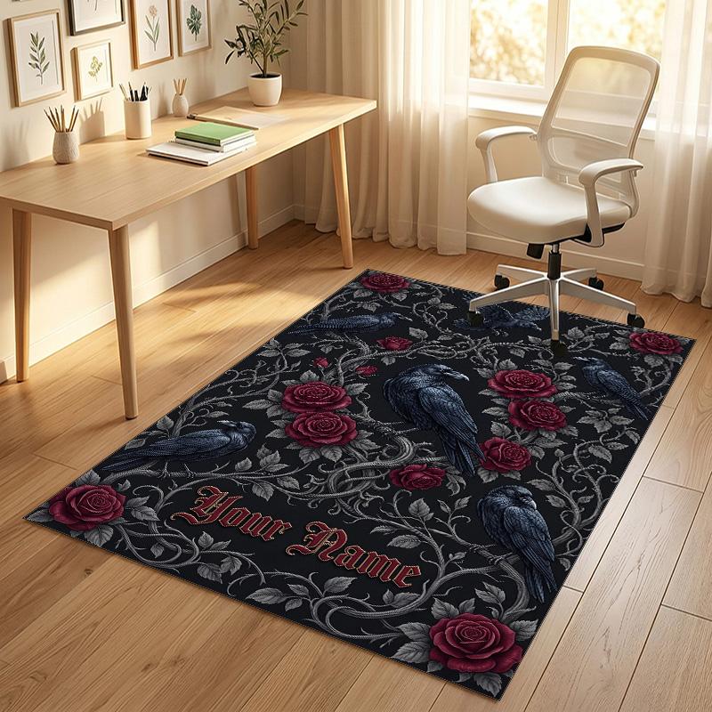 Floral Garden Theme Crystal Velvet Rug Personalized Custom Name Text Soft Floor Mat Home Decor