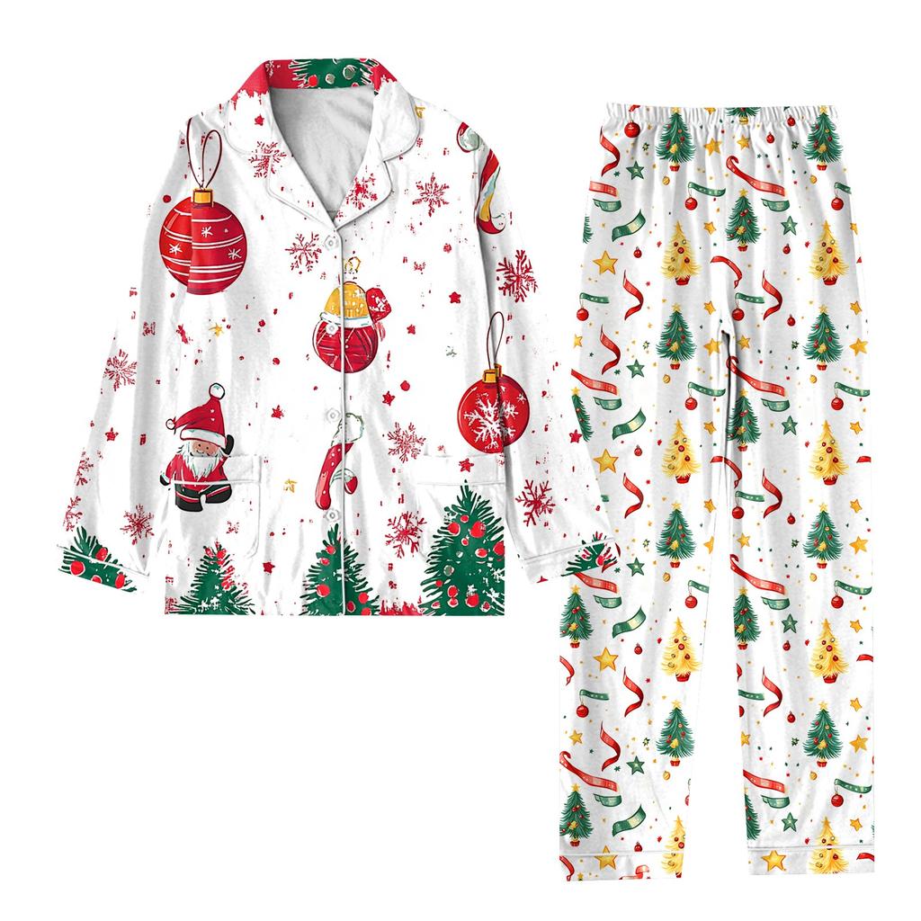 Child 2 Piece Christmas Day Printed Suit Long Sleeve Button Up Top Wide Leg Pants Suit Set Pajamas Home Casual Suit
