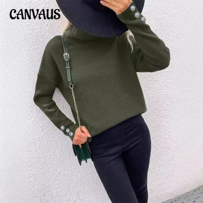 Женский осенне-зимний новый полосатый свитер с высоким воротником и пуговицами, однотонный повседневный свободный свитер