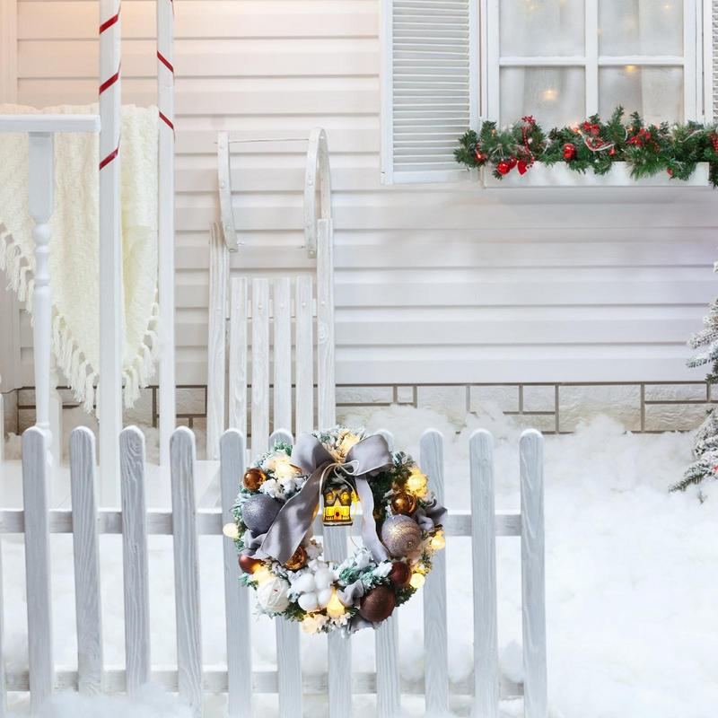 Рождественский снежный венок Искусственный рождественский венок на дверь с бантом Реалистичный венок ручной работы со светодиодной подсветкой Праздничный декор для спальни