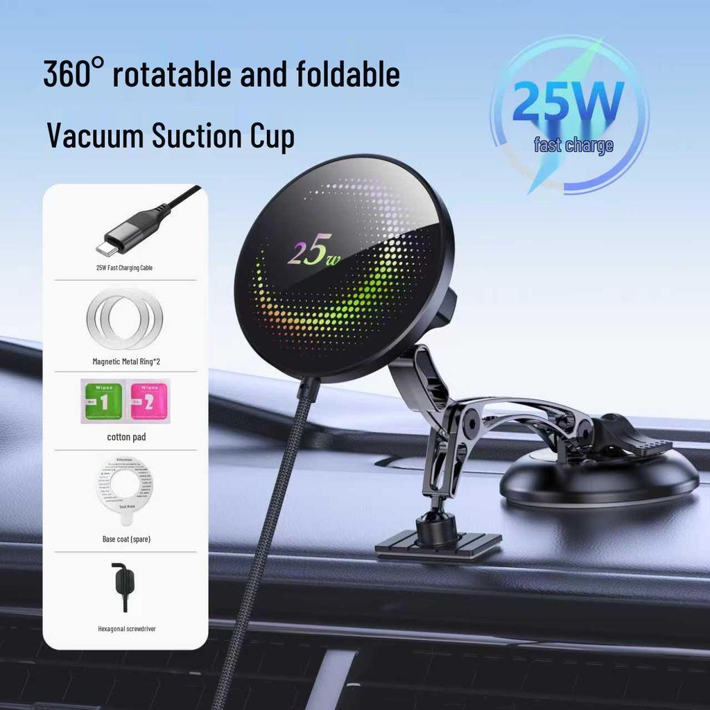 25W Magnetic Car Phone Holder with Wireless Charging and Suction Cup Mount