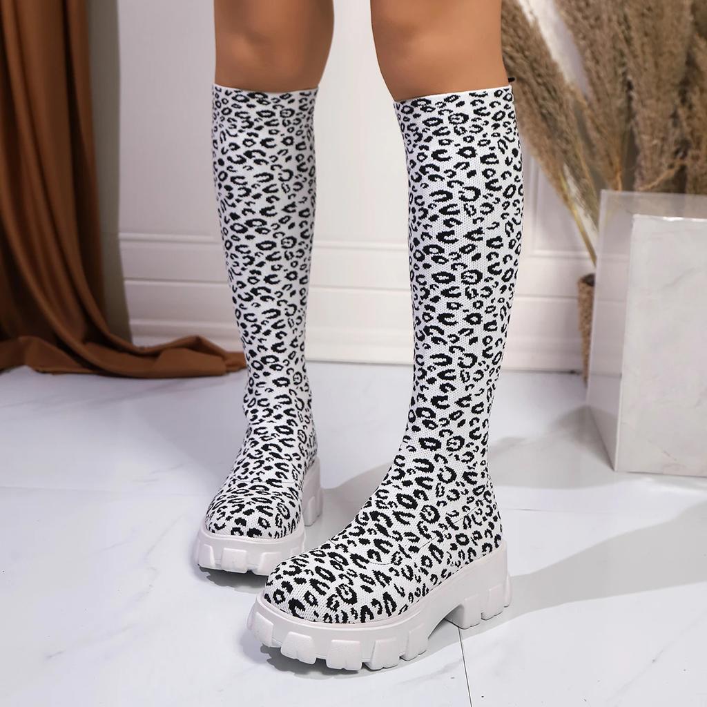 Fashion Chunky Platform Knee High Boots Women Autumn Winter Fashion Elastic Knit Socks Boots Woman Thick Sole High Tube Long Botas Mujer
