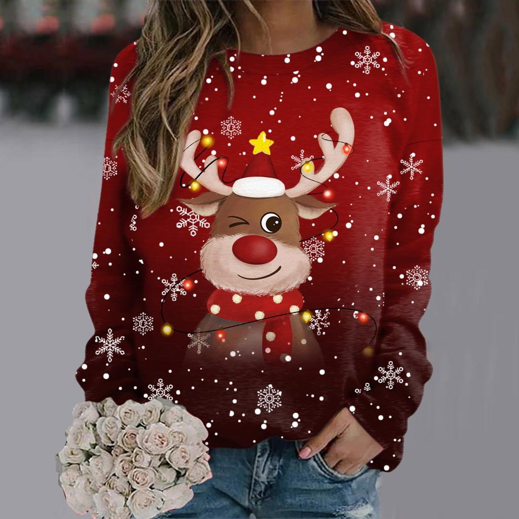 Рождественский свитер для женщин и девочек с рисунком снежинок и оленей, длинный рукав, новогодняя толстовка с принтом