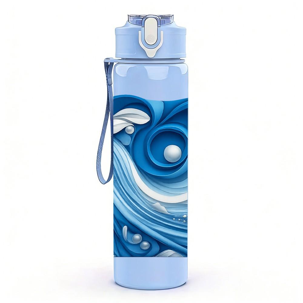 1PC Blue Ocean Wave Swirl Art Print 750ml Color Plastic Sports Water Bottle Leakproof Flip Straw Lid Suitable for Sports Office Home Use