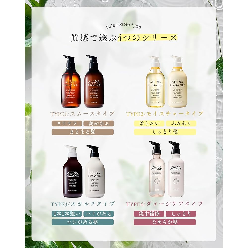 ALLNA ORGANIC Ароматический Шампунь и Уход для Гладких Волос Набор 400 мл (Сменный блок, Аромат растения)