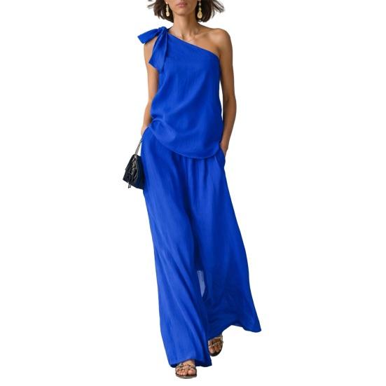 2 Piece Outfits for Women Summer One Shoulder Sleeveless Top And Wide Leg Pants Matching Lounge Set with