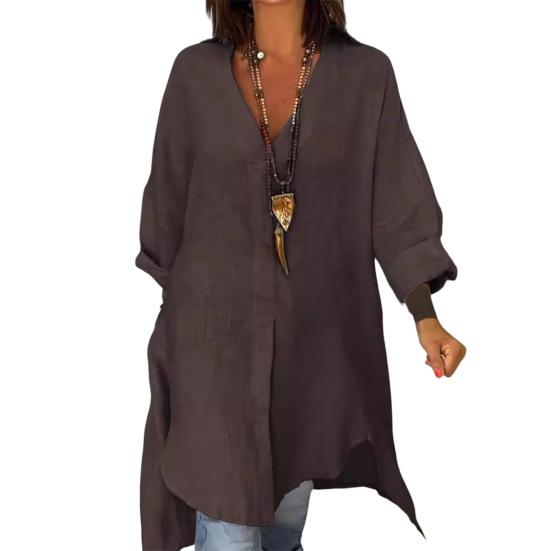 Женская рубашка с V-образным вырезом, длинным рукавом, боковыми разрезами, пуловер, топы, однотонная свободная летняя рубашка, повседневная одежда