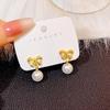 Korean Gold-Plated Bow Earrings with Pearls