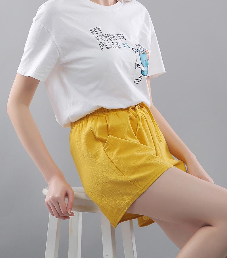 Washed Cotton Solid Color Women's Loose Wide-Leg Elastic Waist Casual Shorts