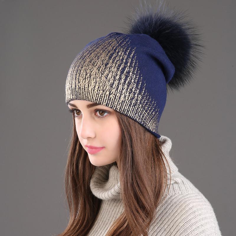 2024 New Winter Beanies Ladies Knitted Wool Warm Hats Fashion Pom Pom Real Raccoon Fur Caps Skullies Hat For Women Print Fur Cap