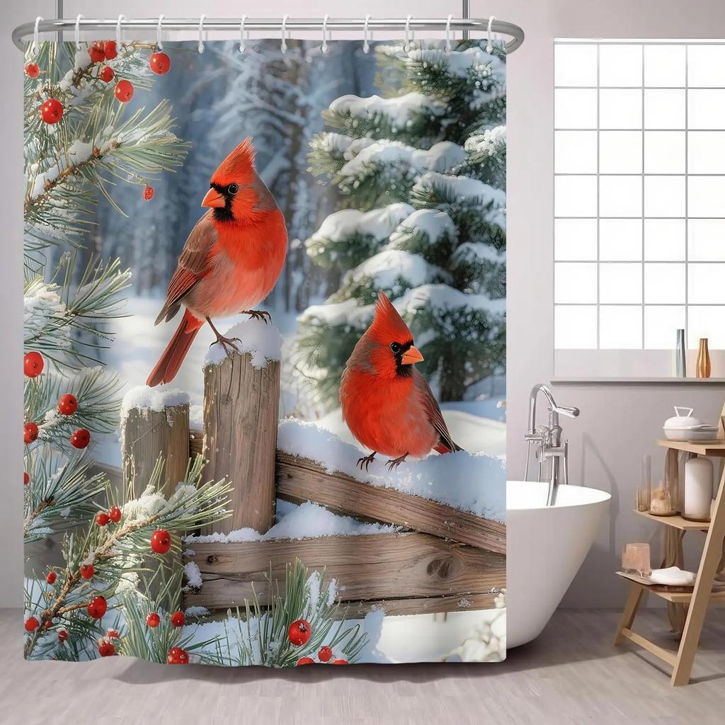 Сосна Красная Птица Занавеска для душа Зеленый Зимний Лес Кардинал Снежная Ягода Рождественская Тема, Деревенский Праздник Тканевая Занавеска для душа