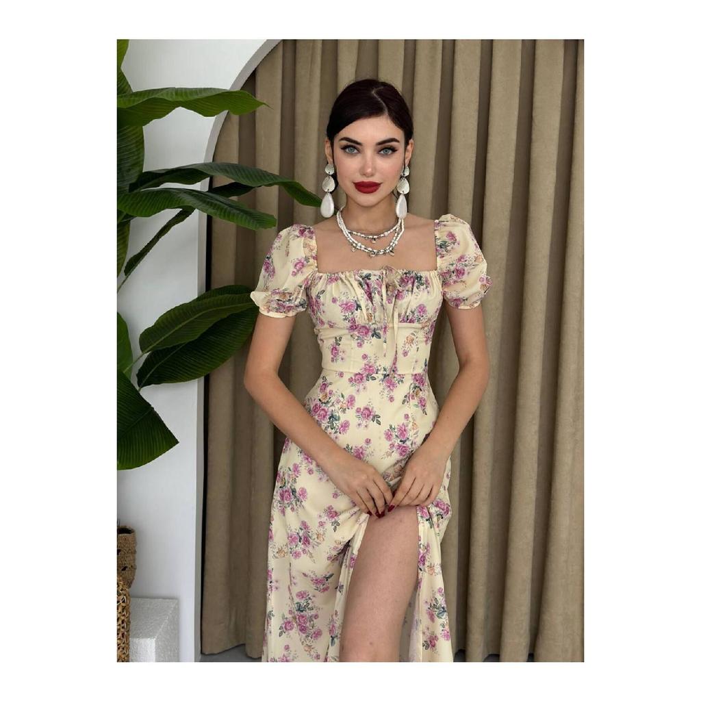 Women's Slit Loose Cut Skirt Collar Tie Detail Short Sleeve Blue Floral White Summer Dress