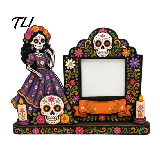 Dia De Los Muertos Table Display Day of The Dead Photo Frame, Vivid Floral Sugar Bone Patterns Print, Latin American Folk Art Mexican Katrina
