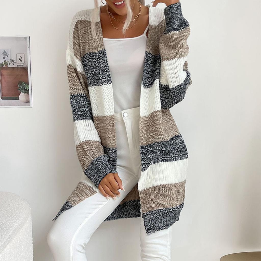 Women's Fashion Casual Long Buttonless Colorblock Sweater Cardigan Jacket