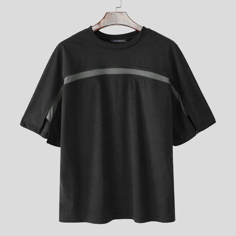 INCERUN Men Short Sleeve Hollow Patchwork Zip-up Casual Loose T-shirts