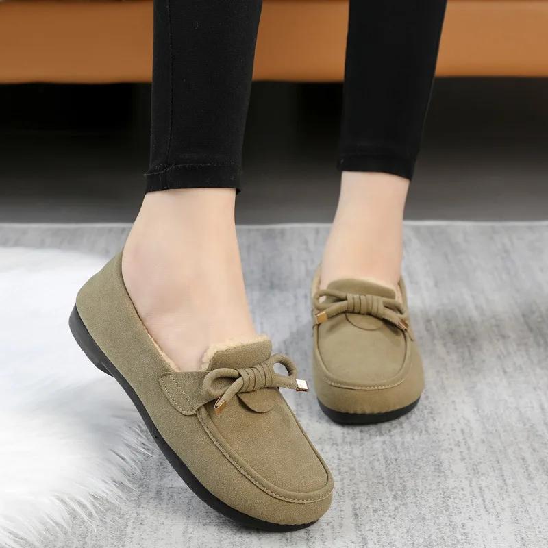 Модные женские теплые зимние сапоги 2024 года, зимние новые модные повседневные мокасины, плюшевые, анти-холодные, уличные, женские хлопковые туфли с бабочкой